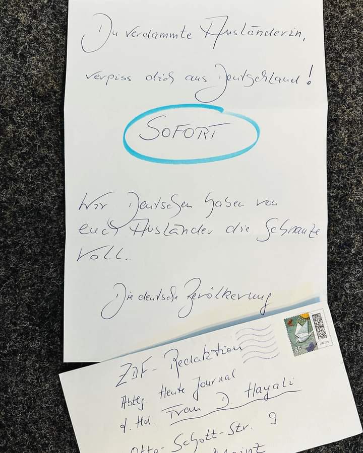 Foto eine Hass-Nachricht an Dunja Hayali