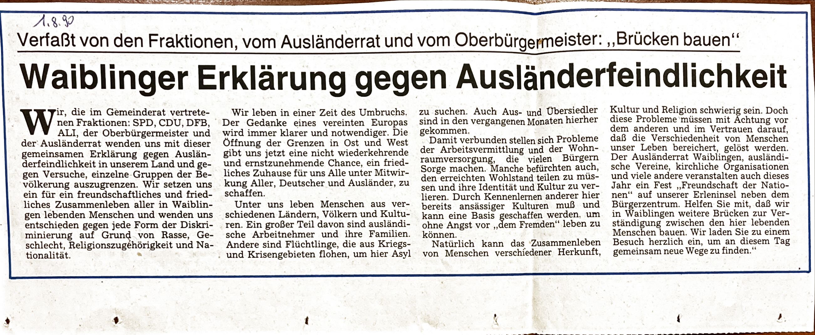 Waiblinger Erklärung gegen Ausländerfeindlichkeit vom 1. August 1990