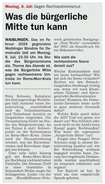 Ankündigung Wochenblatt Waiblingen vom 4. Juli 2024