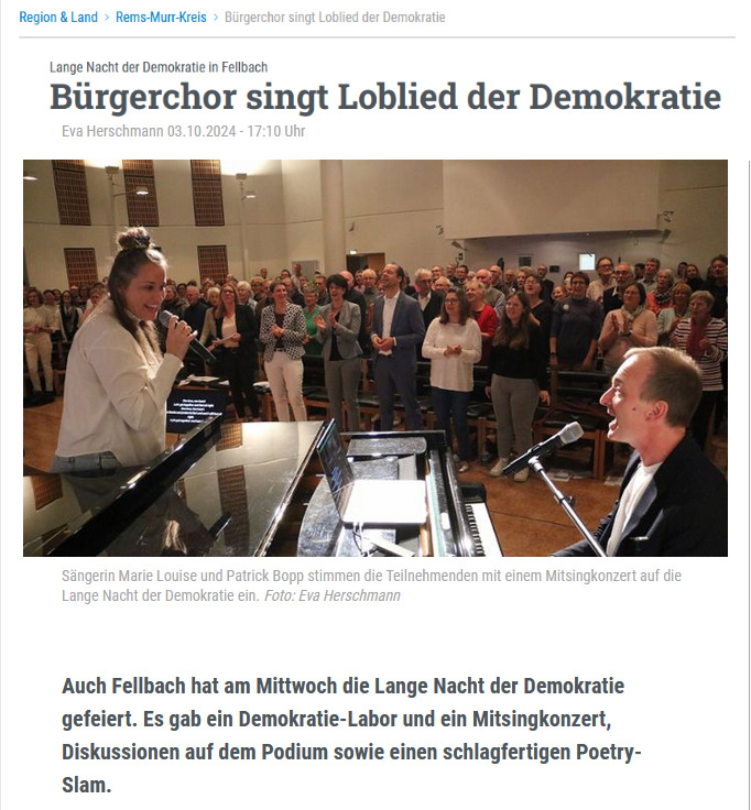 Lange Nacht der Demokratie in Fellbach	Bürgerchor singt Loblied der Demokratie