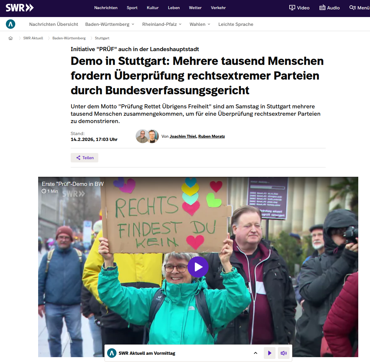 swr aktuell vom Samstag, 14. Februar 2026